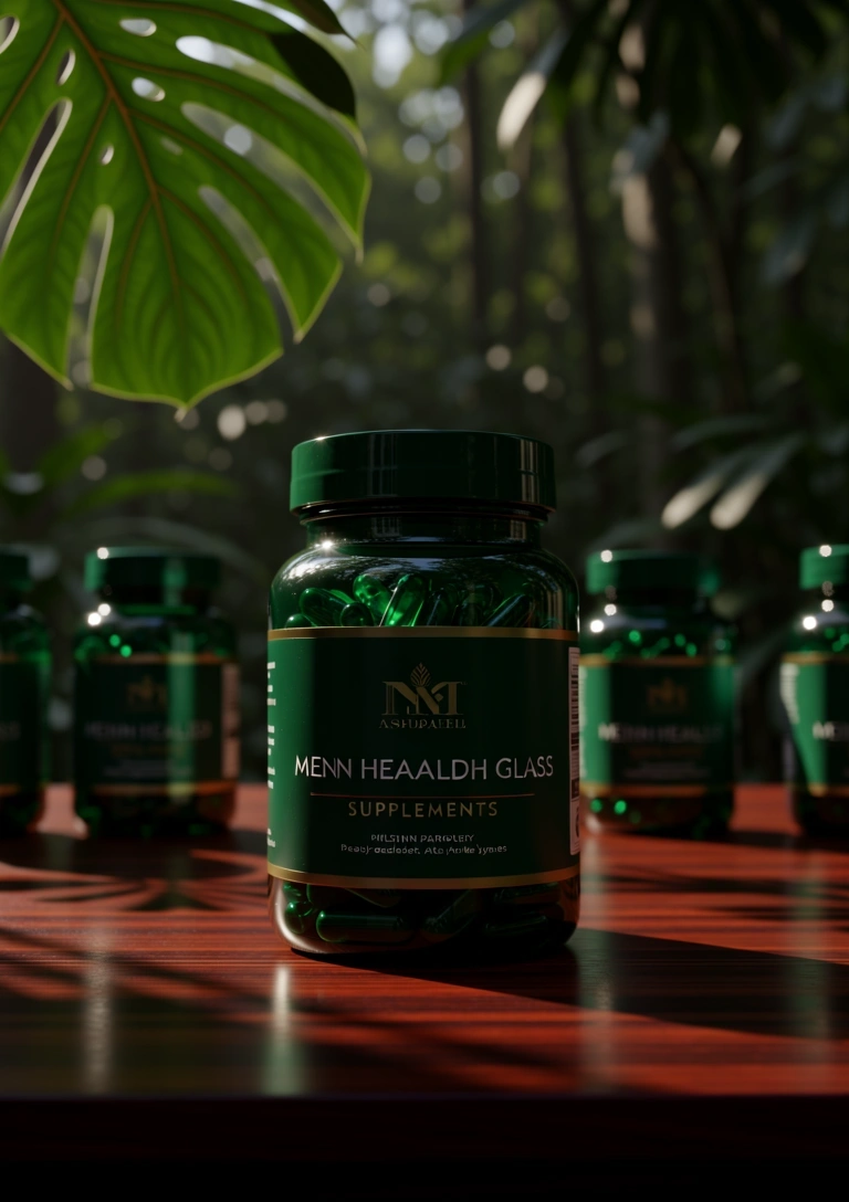 Premium nutritional supplement glass container reflecting morning light